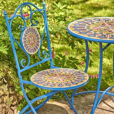 Iron Crafts Mosaic Bistro Set 3pcs Balcony Set with Foldable Table and Chair by AJUNION