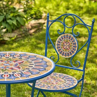 Iron Crafts Mosaic Bistro Set 3pcs Balcony Set with Foldable Table and Chair by AJUNION