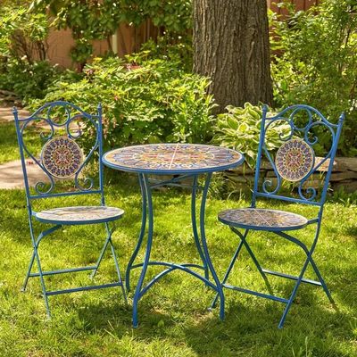Iron Crafts Mosaic Bistro Set 3pcs Balcony Set with Foldable Table and Chair by AJUNION