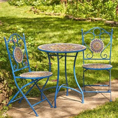 Iron Crafts Mosaic Bistro Set 3pcs Balcony Set with Foldable Table and Chair by AJUNION