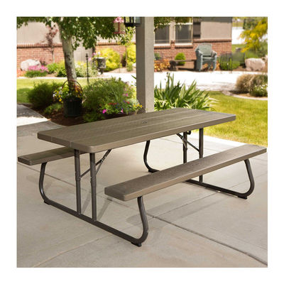 Outdoor Furniture 6ft Rectangular Picnic Table with Umbrella Hole and Folding Chairs
