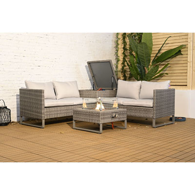 Outdoor Rattan Sectional Sofa Set with Fire Pit Table and Storage Box AJUNION 4 Seater