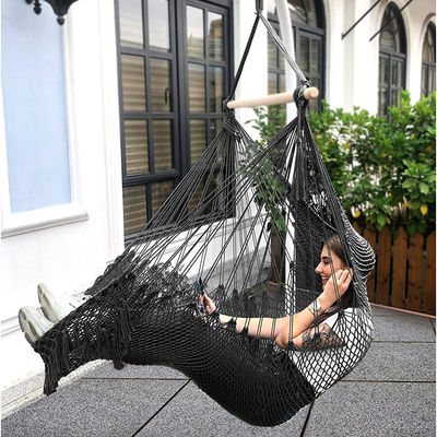 Outdoor Garden Portable Hanging Cotton Rope Hammock Chair with Tassel Wood Stand