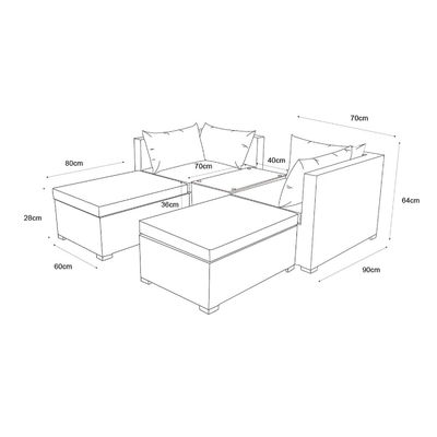 5 Piece Wicker Rattan Modular Outdoor Sofa Modern Design Style L70xW40xH39cm Table Size