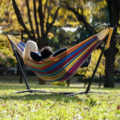 Home Outdoor Garden Camping Portable Lightweight Folding Double Cotton Hammocks with Metal Stand