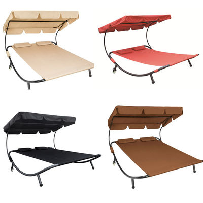 Outdoor Garden Farmhouse Double Sunbed with Canopy and Wheels Enjoy the Sun in Comfort