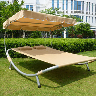 Outdoor Garden Farmhouse Double Sunbed with Canopy and Wheels Enjoy the Sun in Comfort