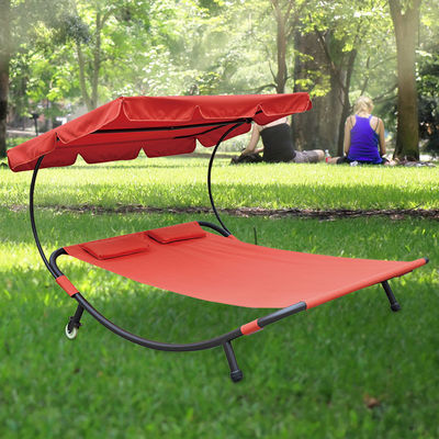 Outdoor Garden Farmhouse Double Sunbed with Canopy and Wheels Enjoy the Sun in Comfort