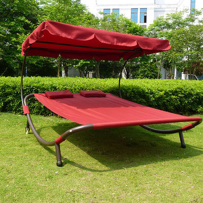 Outdoor Garden Farmhouse Double Sunbed with Canopy and Wheels Enjoy the Sun in Comfort