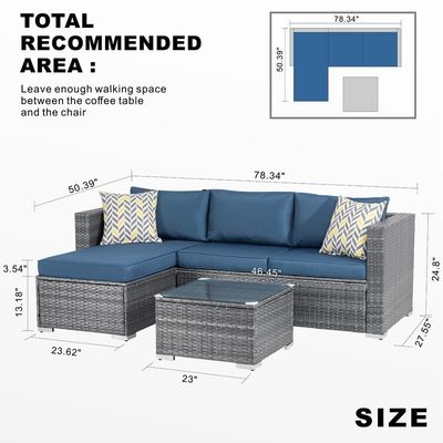 Rattan Sofa Sectional Lounge Set 24'' H X 78'' W X 50.78'' D for Outdoor Relaxation