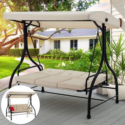 Outdoor Garden 3 Seats Swing Chair with Canopy and Adjustable Folding Steel Lounger Bed