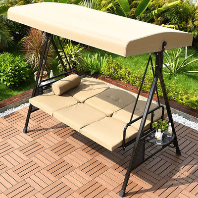Outdoor Garden 3 Seats Swing Chair with Canopy and Adjustable Folding Steel Lounger Bed