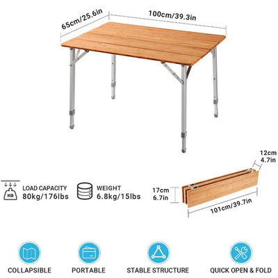100*65cm Tabletop Bamboo Wooden Metal Folding Picnic Dining Table for Outdoor Camping