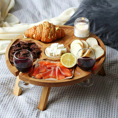 Wooden Portable Folding Round Tray Table for Outdoor Camping Beach Travel and Picnics