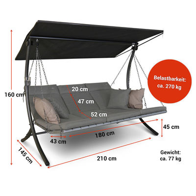 Garden Balcony Beach Pool 3-Seater Hammock with Metal Lounge Swinging Chair and Cushion