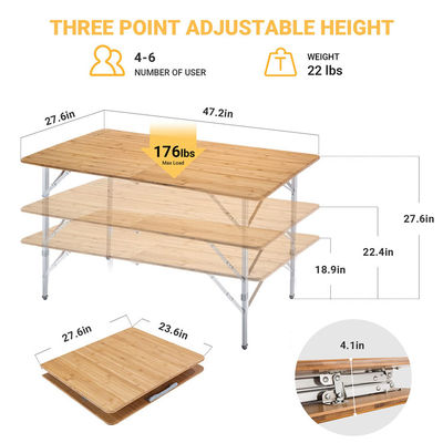 120*70cm Tabletop Patio Garden Bamboo Aluminum Folding Table for Picnic Camping Dinning