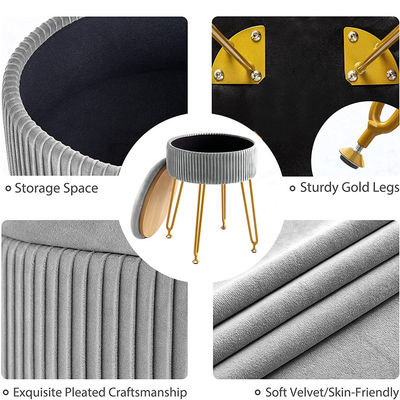 Custom Logo Velvet Storage Ottoman Footstool with Metal Legs and Round Footrest Stool