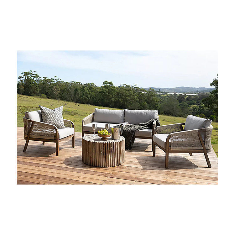 Rope Weave Sofa Patio Set AJUNION Teak Wood Frame Outdoor Furniture for Beach Gardens