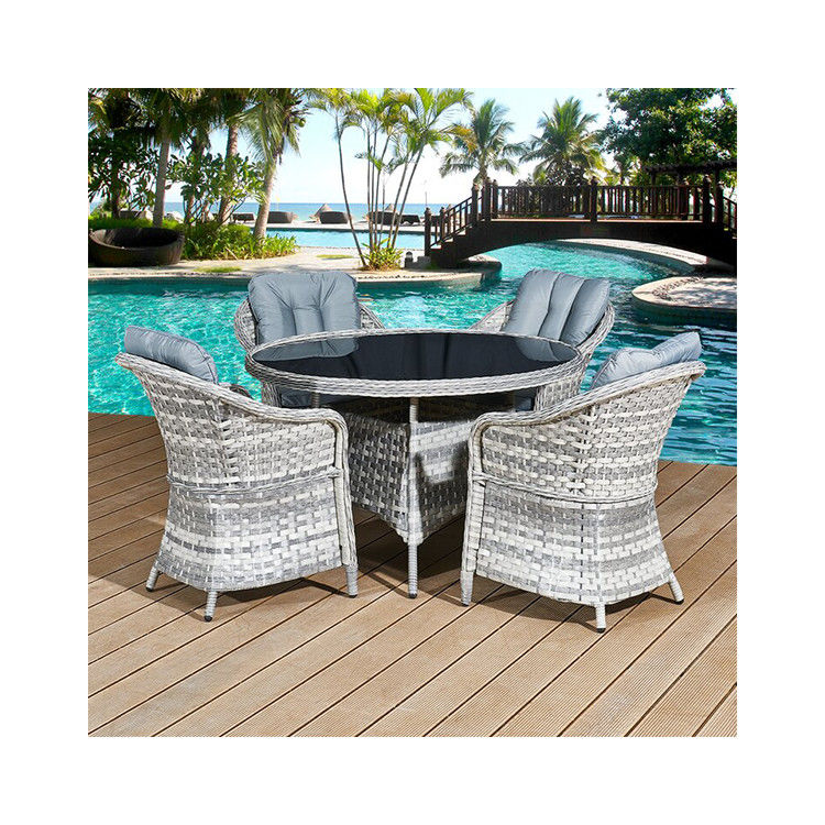 Outdoor Furniture Set with Round Dining Table AJUNION 4 Seat Weatherproof Weave Rattan