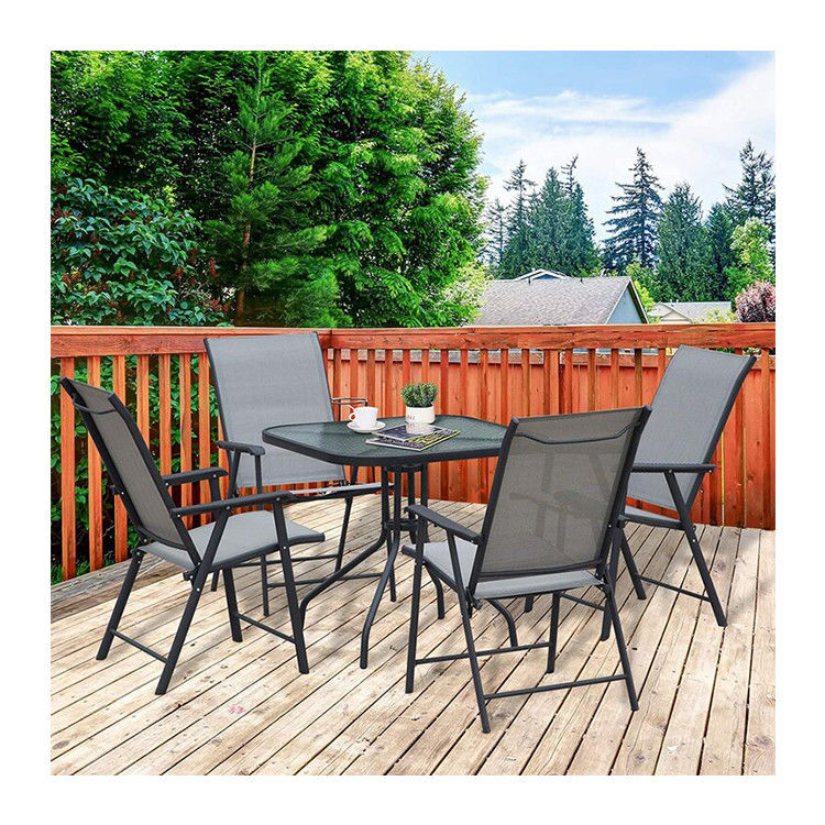 Foldable Armchair Patio Furniture 4 Seater Dining Set with Glass Top and Umbrella Hole