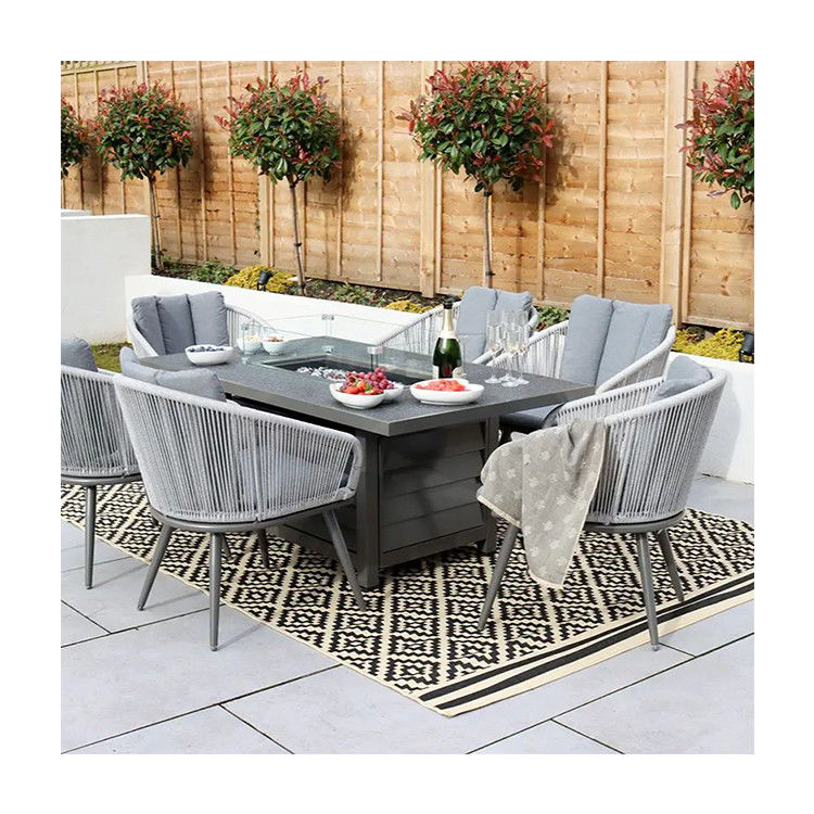 Metal AJUNION 6 Seater Outdoor Furniture with Fire Pit Table and Rope Weave Armchair