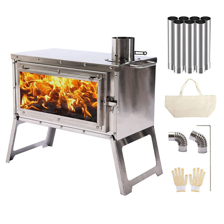 Outdoor Patio Camping BBQ Party Portable Stainless Steel Wood Burning Camp Stove with Chimney Pipes