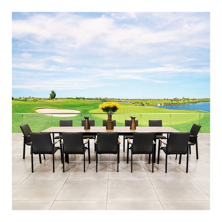 Extendable Teak Wood Tabletop Outdoor Dining Set for 12 Seat Cushioned Outdoor Chairs