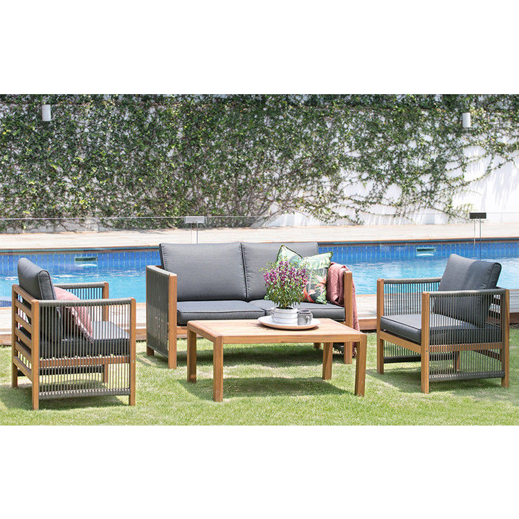 Outdoor Furniture Set with Wooden Lounge Chairs and PE Rattan Weave W71 x D66 x H64cm