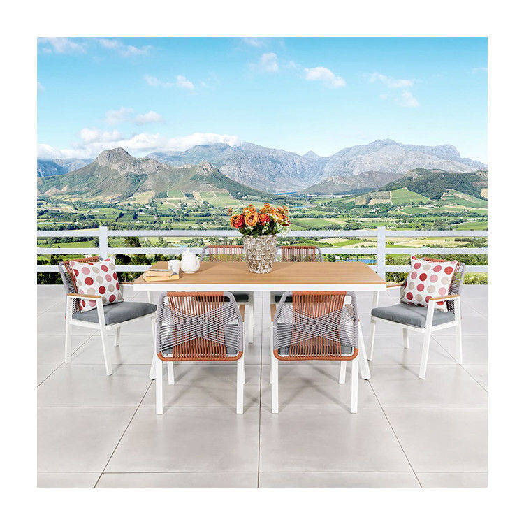 Metal Garden Dining Furniture with Rope Weave Dining Chair 6 Seating Outdoor Dining Set