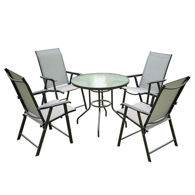 Aluminum Frame Outdoor Garden Set with Round Glass Top Dining Table and Teslin Chairs