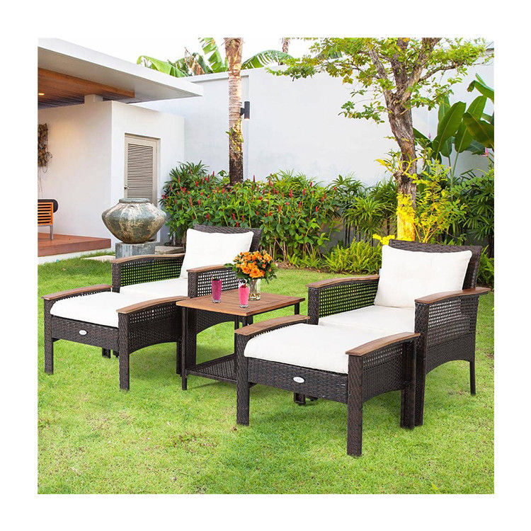 350 lbs. Ottoman Weight Capacity 5 Piece Outdoor Lounge Set with Vintage Wood Top