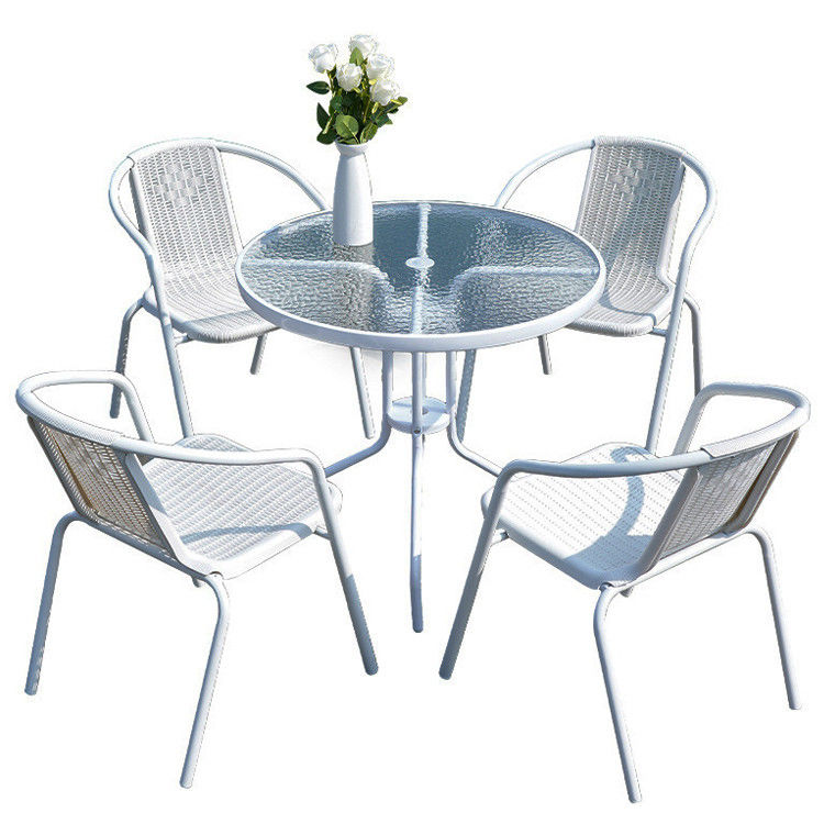 Outdoor Balcony Restaurant Cafe Garden Leisure Metal Glass Round Table and Rattan Chair