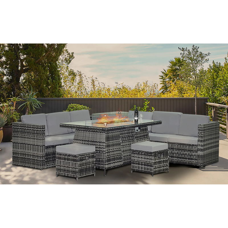 Leisure Outdoor Steel Tube Frame AJUNION Wicker Rattan Garden Set with Fire Pit Table