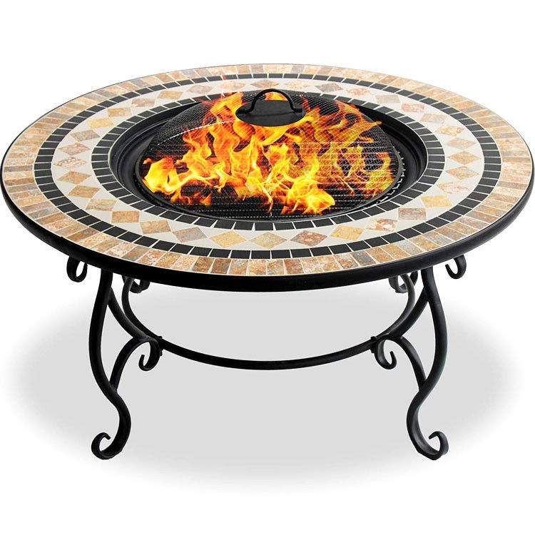 Multi-functional Mosaic Fire Pit for Bonfire Camping and Charcoal BBQ Grill Table