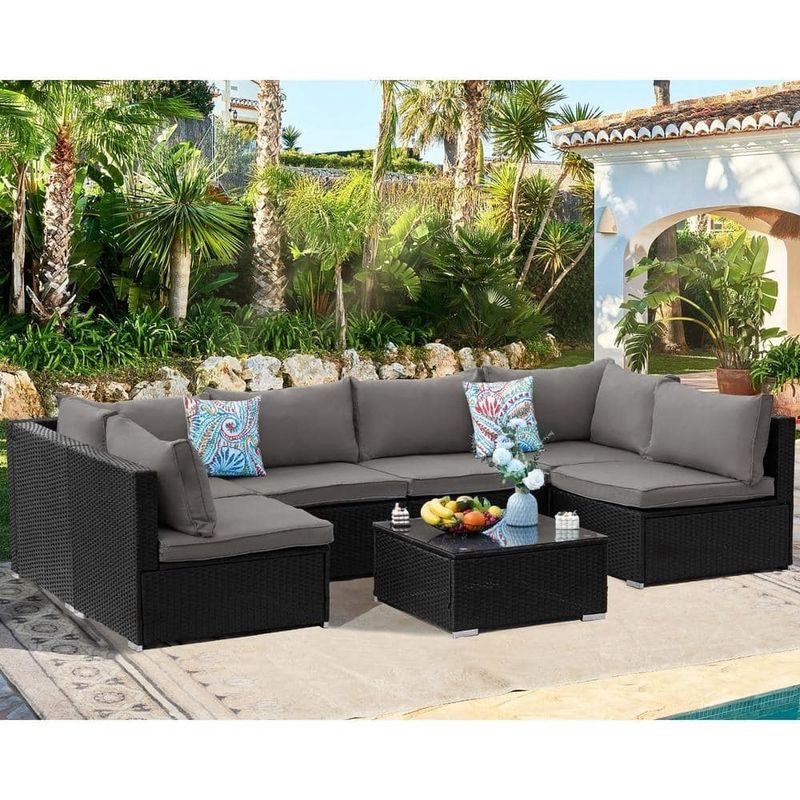 AJUNION Wicker Rattan PE Sectional Sofa Garden Set Patio Furniture Conversation Set Outdoor Furniture