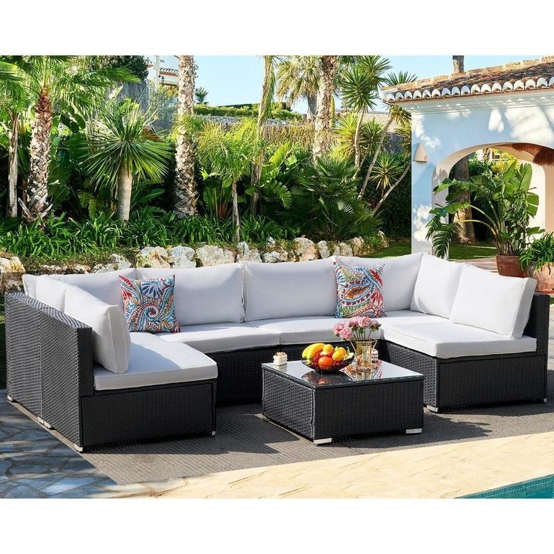 Outdoor Furniture AJUNION 7 Piece PE Rattan Wicker Sectional Sofa Set for Garden
