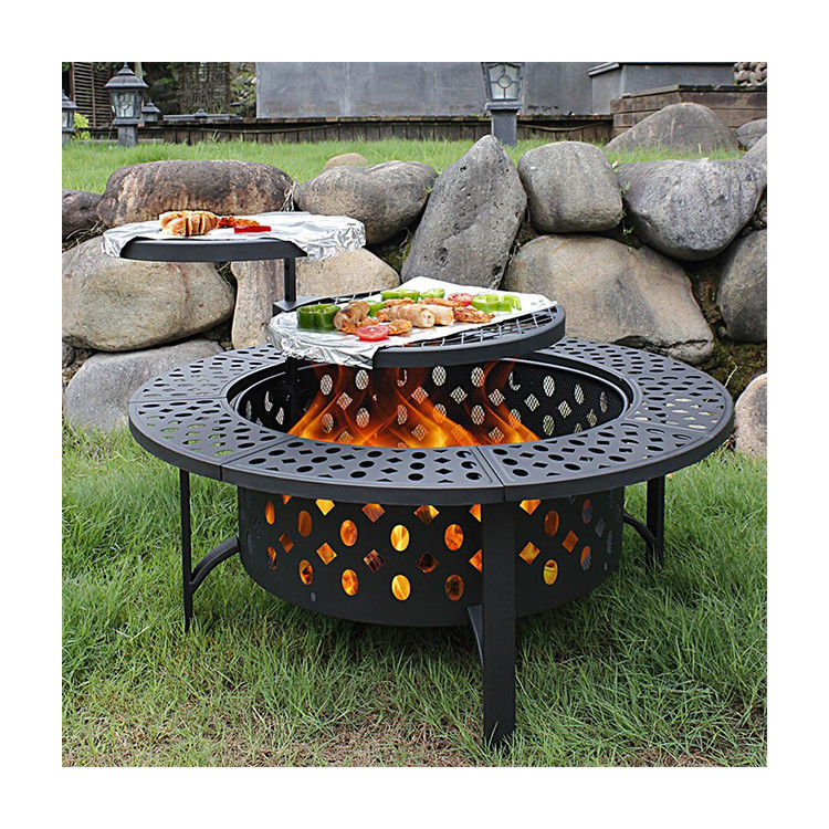 Modern Outdoor Firepit AJUNION 36 Inch Metal Round Wood Burning Fire Pit with 2 Grills