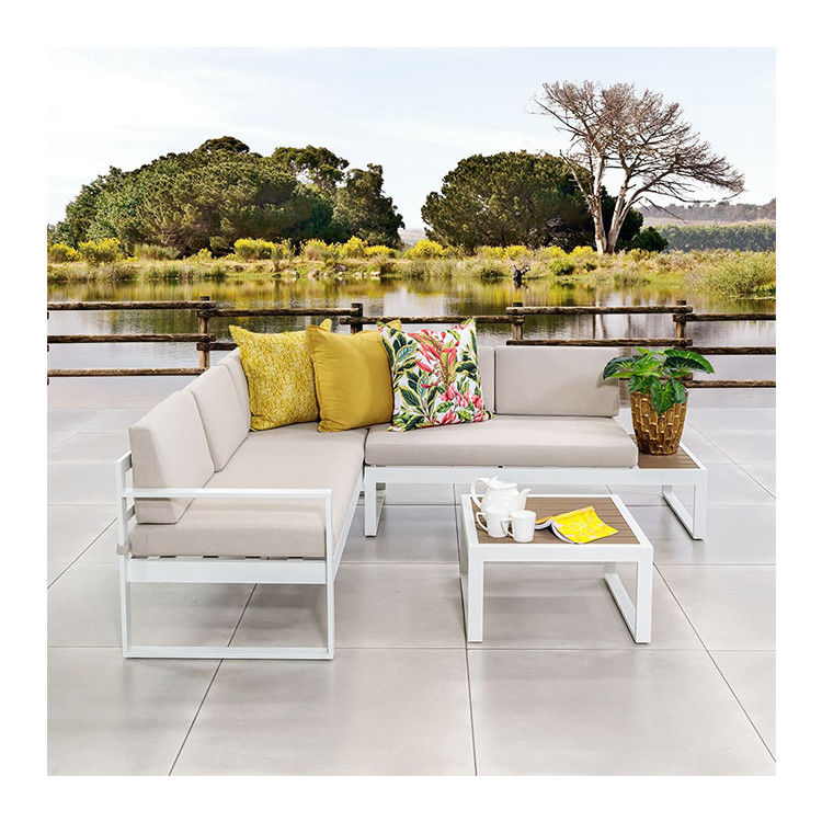 AJUNION L Shaped Outdoor Furniture Set Aluminum Lounge Set with Plastic Teak Finish