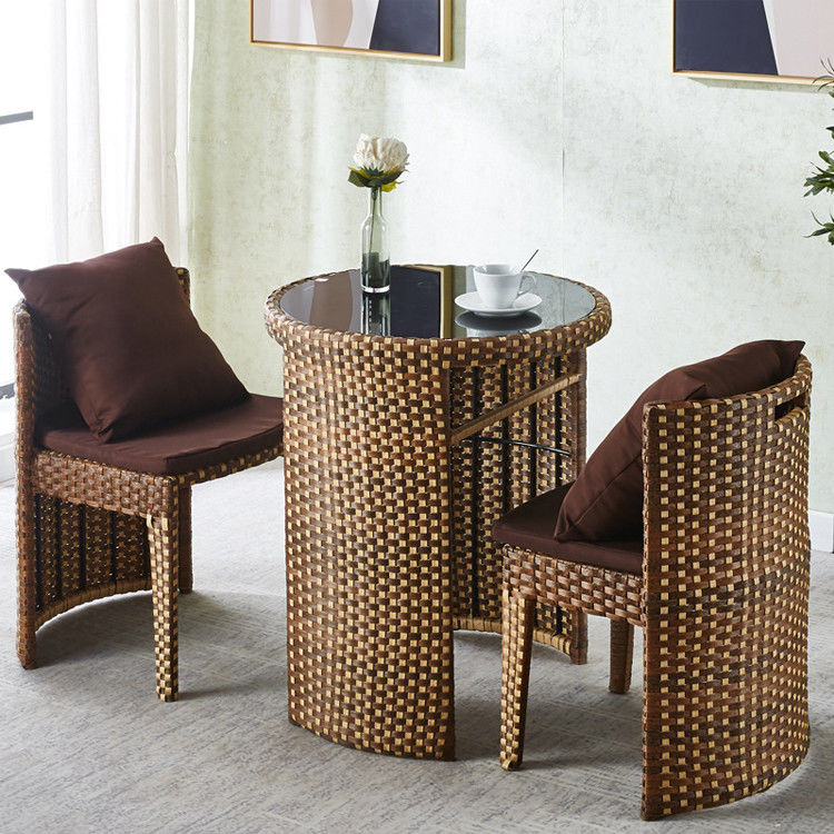 Rattan Tempered Glass Round Dining Table and Chair Set for Coffee Shop Modern Design