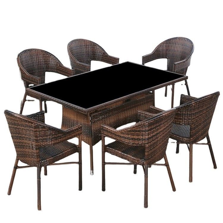 Custom Logo Woven PE Rattan Dining Table and Chairs for Hotel Outdoor Patio Armchair Set