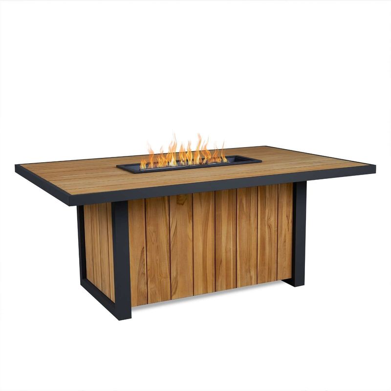Outdoor Dining Fire Table Propane Gas Fire Pit Table with Teak Wood Aluminum Frame