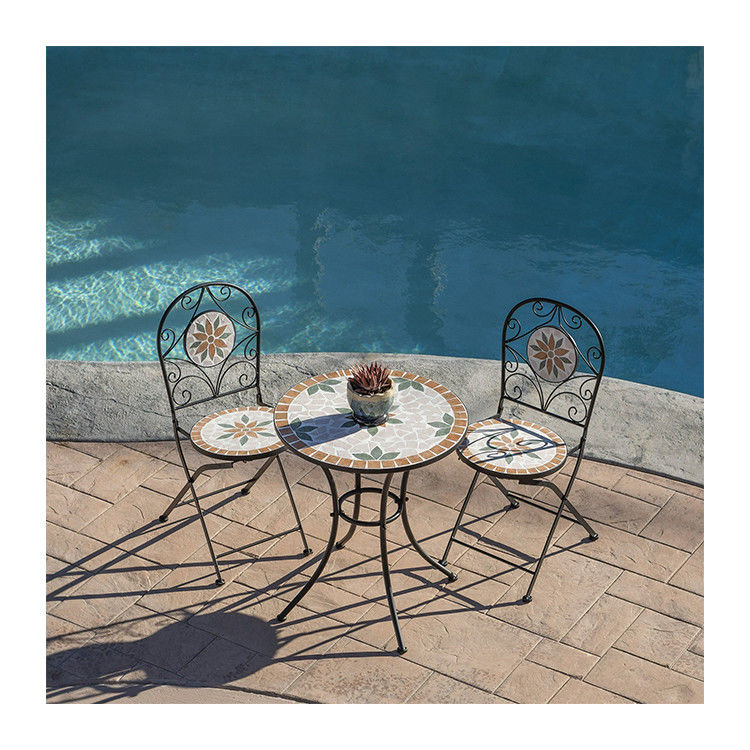 AJUNION 3 Piece Iron Mosaic Tile Patio Bistro Set with Ceramic Table and Folding Chairs