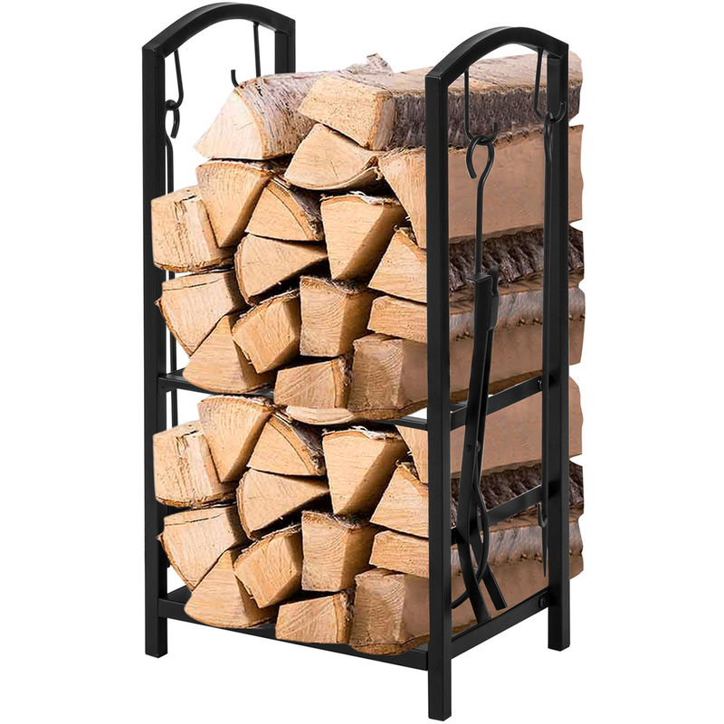 2 Tiers Firewood Rack W46 x D30 x H75cm Fireplace Log Holder with Fireplace and 4 Tools
