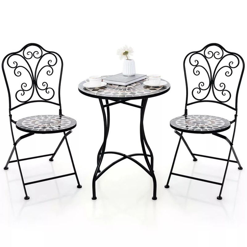 Outdoor Furniture AJUNION 2 Seating Chair and Table Set Metal Iron Foldable Chair Antique Mosaic Tile Table Bistro Set