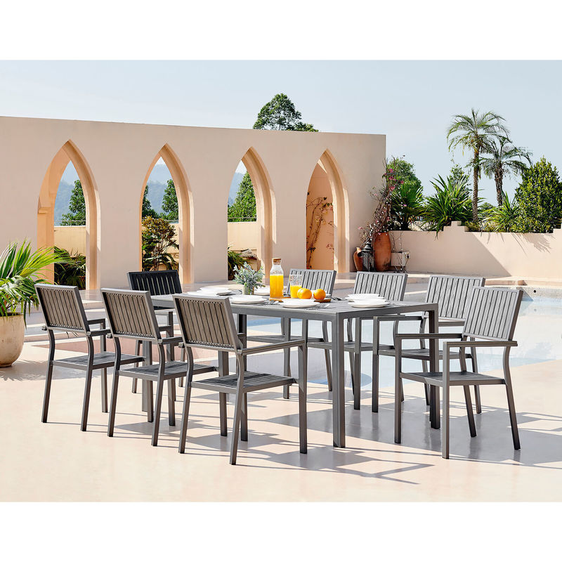 Aluminum Outdoor 8 Seat Dining Set Teak Wood Slatted Tabletop Dining Table Garden Set