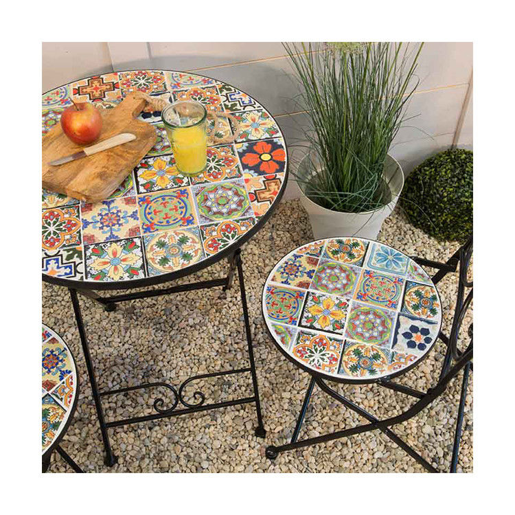 AJUNION 3pcs Outdoor Bistro Metal Table Chair Set Antique Mosaic Ceramic for Garden