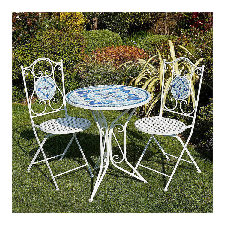 Modern Design Ceramic Tile and Powder Coated Iron Bistro Set for Outdoor Garden Patio