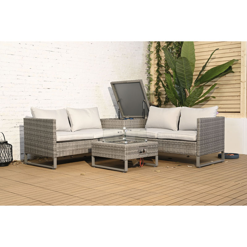 Outdoor Rattan Sectional Sofa Set with Fire Pit Table and Storage Box AJUNION 4 Seater