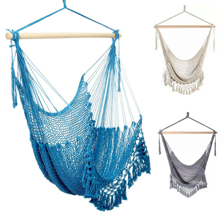 Outdoor Garden Portable Hanging Cotton Rope Hammock Chair with Tassel Wood Stand