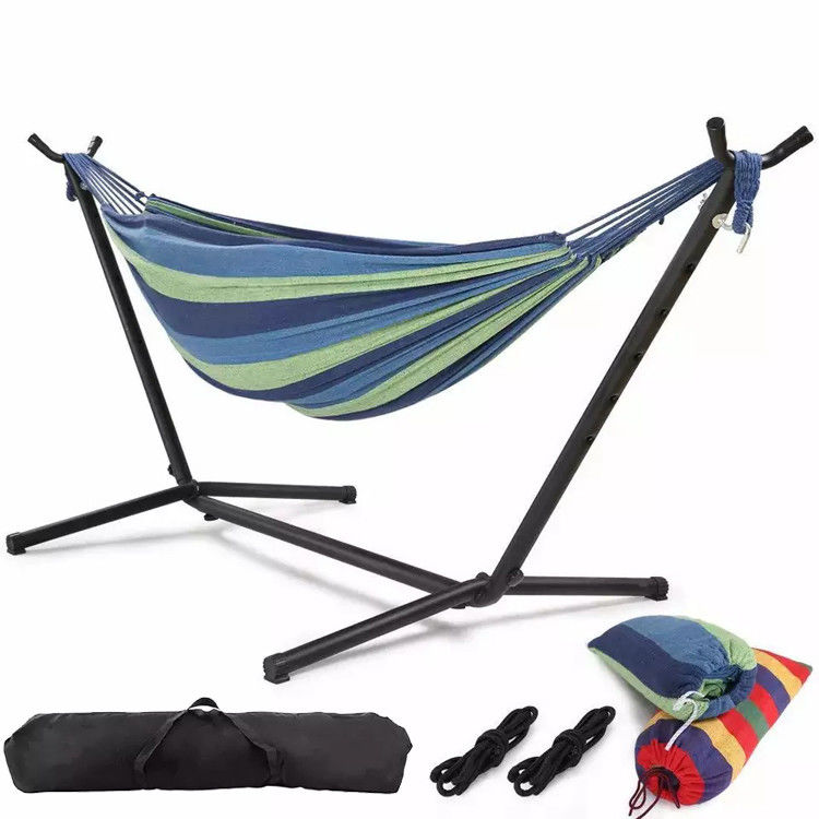 Home Outdoor Garden Camping Portable Lightweight Folding Double Cotton Hammocks with Metal Stand